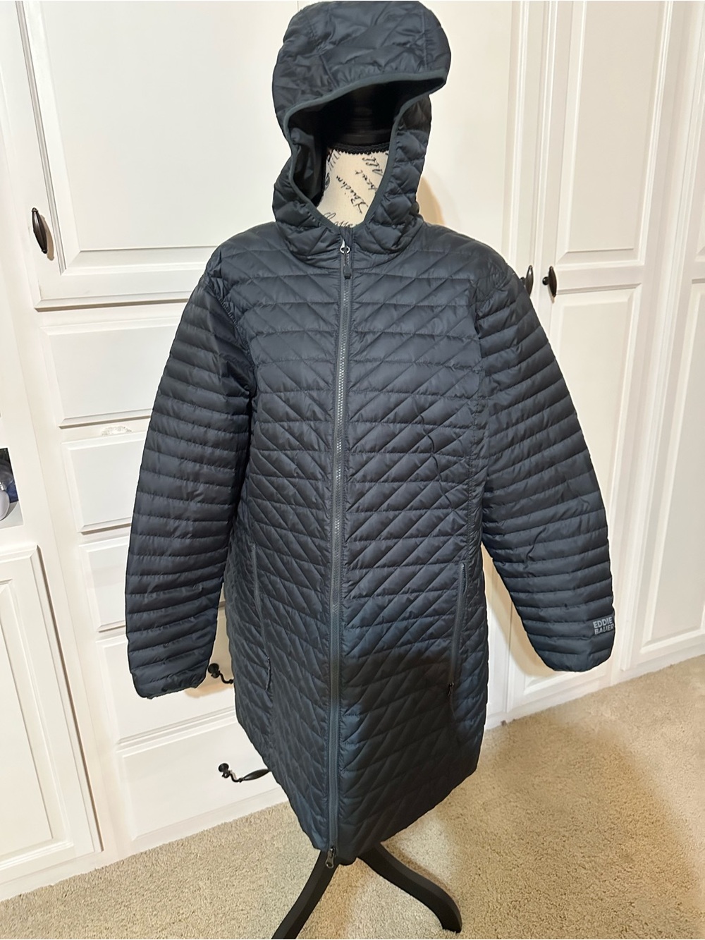 Eddie Bauer Long Quilted Hooded Puffer Coat in Black